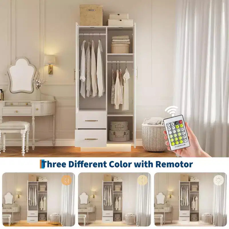 Mobile Contenitore a 2 Ante con Anta in Vetro, Armadietto Organizer Moderno in Legno con Aste Appendine e 2 Cassetti, Armadio Contenitore Alto