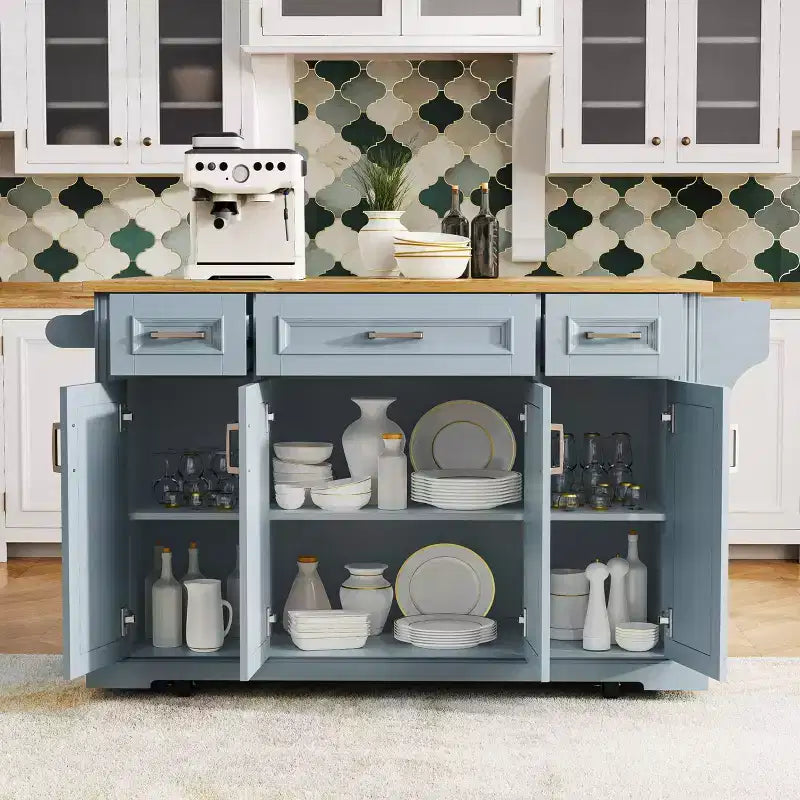 GDFStudio Gaius 54 Isola da Cucina con Piano a Ribalta in Legno di Gomma, Ruote, 4 Ante e 3 Cassetti