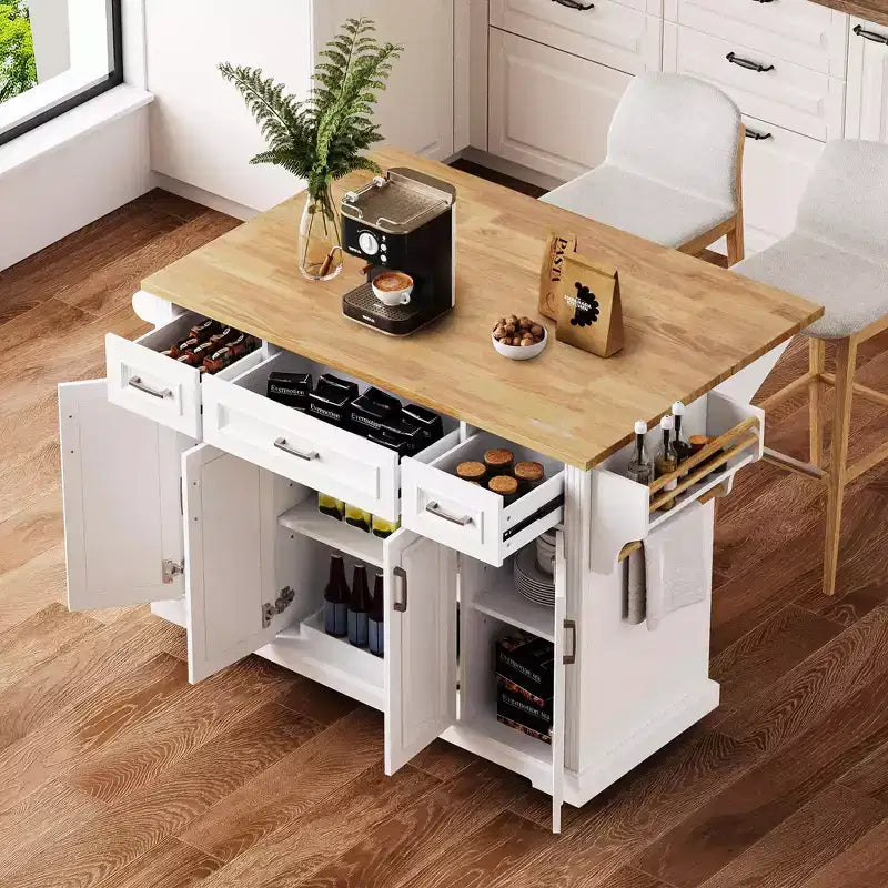 GDFStudio Gaius 54 Isola da Cucina con Piano a Ribalta in Legno di Gomma, Ruote, 4 Ante e 3 Cassetti