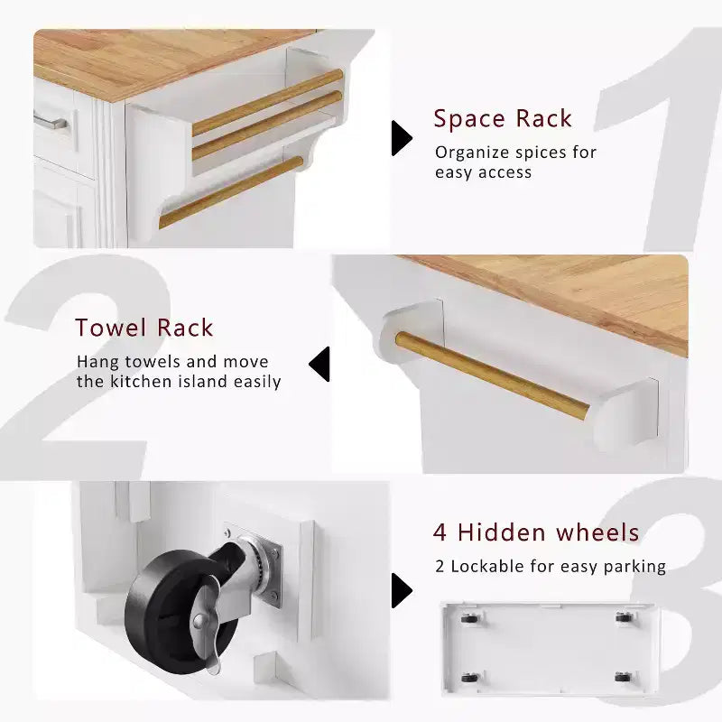 GDFStudio Gaius 54 Isola da Cucina con Piano a Ribalta in Legno di Gomma, Ruote, 4 Ante e 3 Cassetti