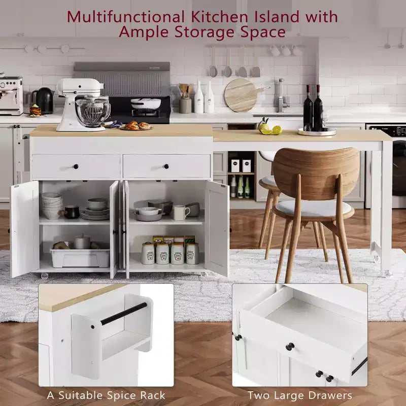 GDFStudio Galen 74.5 Isola da Cucina Mobile con Tavolo da Pranzo Estensibile, 2 Cassetti e Mobile a 4 Ante