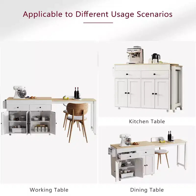 GDFStudio Galen 74.5 Isola da Cucina Mobile con Tavolo da Pranzo Estensibile, 2 Cassetti e Mobile a 4 Ante