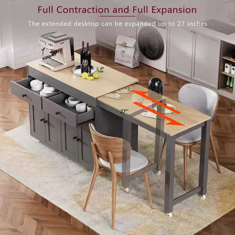 GDFStudio Galen 74.5 Isola da Cucina Mobile con Tavolo da Pranzo Estensibile, 2 Cassetti e Mobile a 4 Ante
