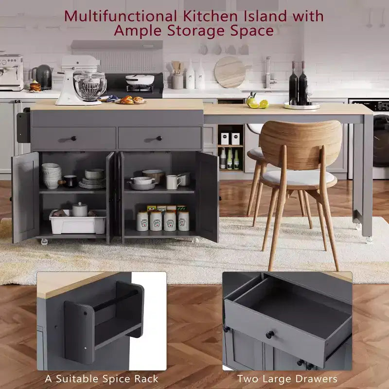 GDFStudio Galen 74.5 Isola da Cucina Mobile con Tavolo da Pranzo Estensibile, 2 Cassetti e Mobile a 4 Ante