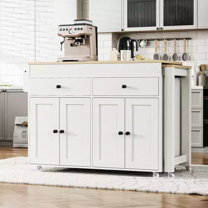 GDFStudio Galen 74.5 Isola da Cucina Mobile con Tavolo da Pranzo Estensibile, 2 Cassetti e Mobile a 4 Ante