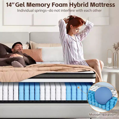 Materasso Queen da 14 pollici, materasso ibrido in memory foam con gel in scatola, supporto a molle insacchettate con isolamento del movimento e sollievo dalla pressione, rigidità media, CertiPUR-US
