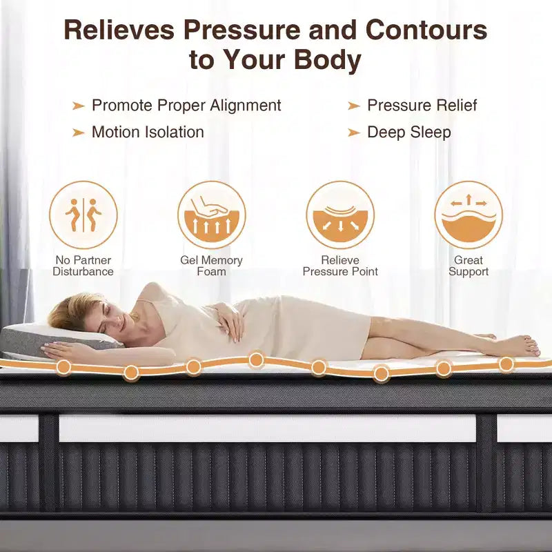 Materasso Queen da 14 pollici, materasso ibrido in memory foam con gel in scatola, supporto a molle insacchettate con isolamento del movimento e sollievo dalla pressione, rigidità media, CertiPUR-US
