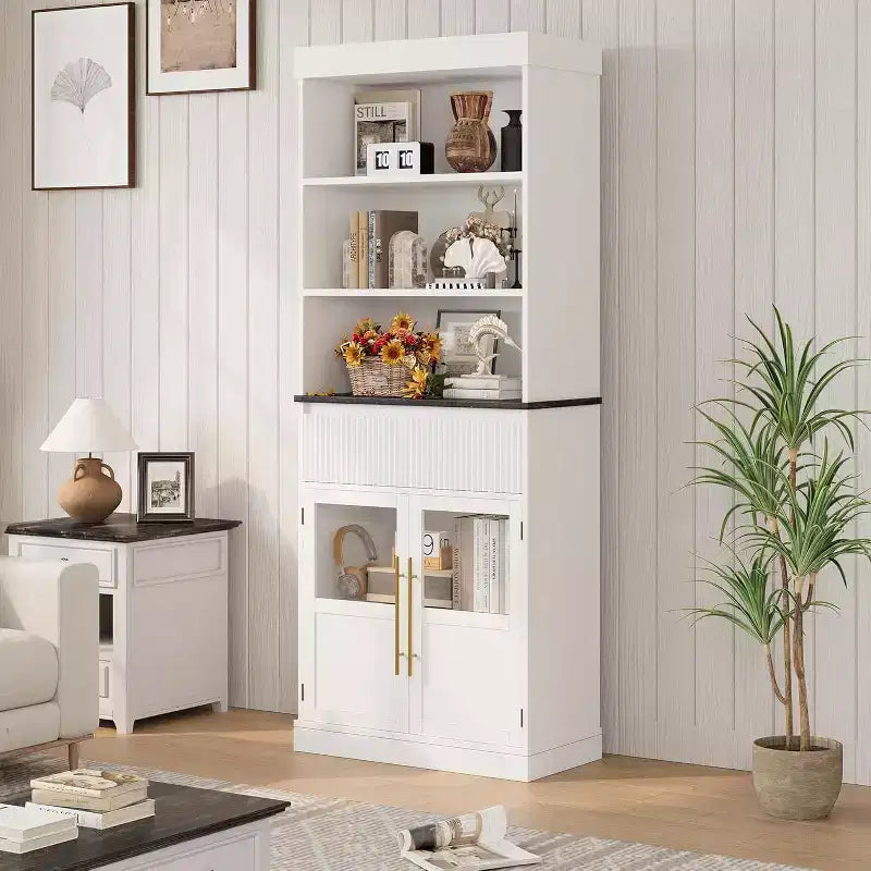 Mobile dispensa alto 70" con cassetto e ante in vetro, armadio contenitore da terra per bagno, ufficio, soggiorno, sala da pranzo, ingresso