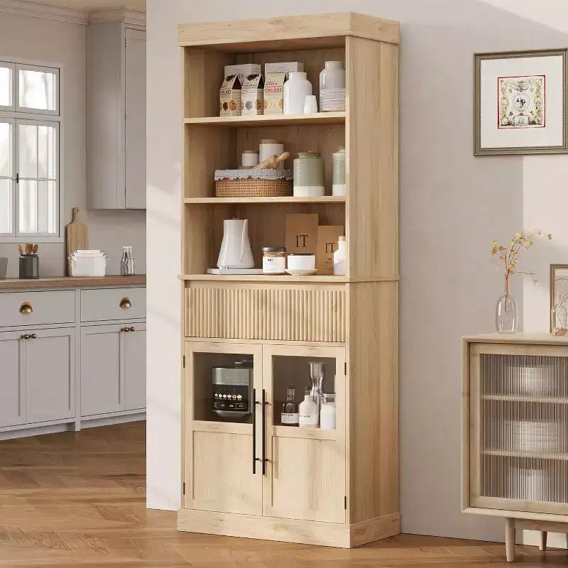 Mobile dispensa alto 70" con cassetto e ante in vetro, armadio contenitore da terra per bagno, ufficio, soggiorno, sala da pranzo, ingresso