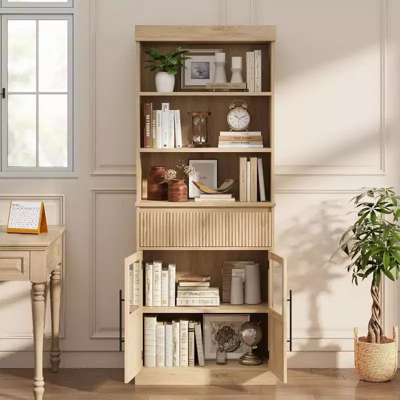 Mobile dispensa alto 70" con cassetto e ante in vetro, armadio contenitore da terra per bagno, ufficio, soggiorno, sala da pranzo, ingresso