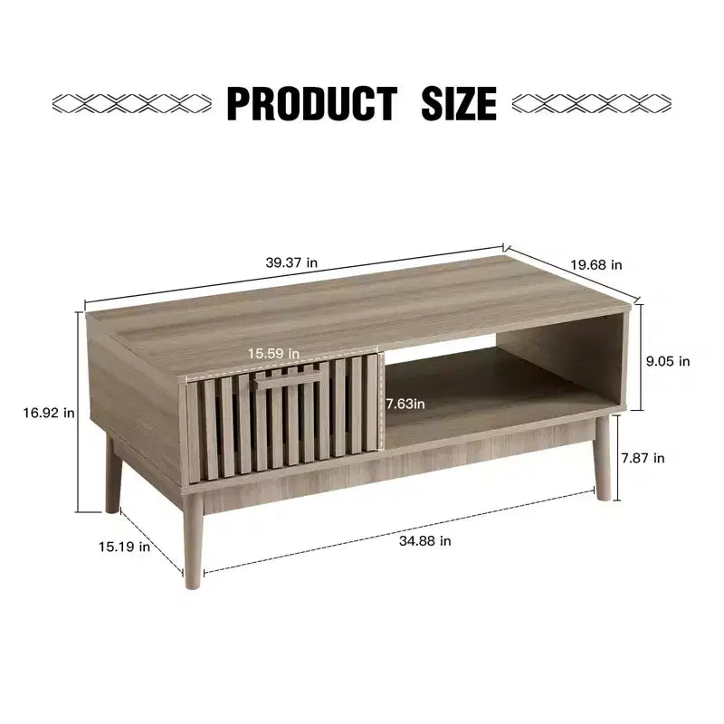 Tavolino da caffè Acekool da 100 cm con cassetto e ripiano aperto, tavolino rettangolare a 2 livelli in stile moderno di metà secolo per soggiorno