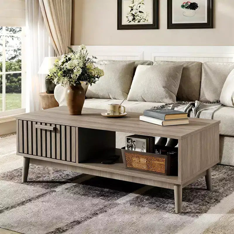 Tavolino da caffè Acekool da 100 cm con cassetto e ripiano aperto, tavolino rettangolare a 2 livelli in stile moderno di metà secolo per soggiorno