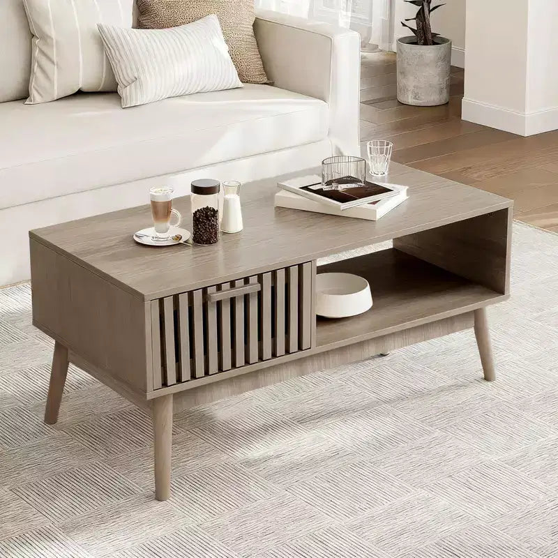 Tavolino da caffè Acekool da 100 cm con cassetto e ripiano aperto, tavolino rettangolare a 2 livelli in stile moderno di metà secolo per soggiorno