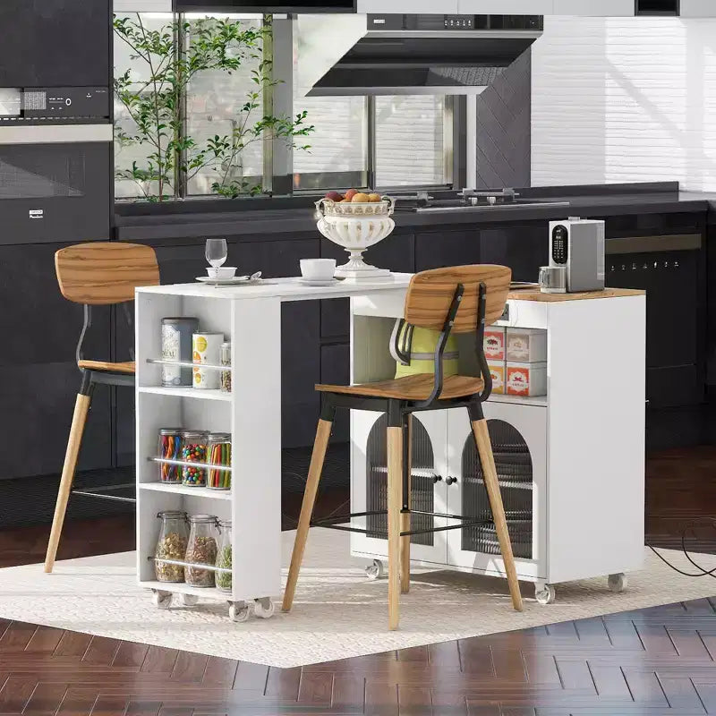 GDFStudio Paolo Isola da cucina moderna con ruote, tavolo e mobile estraibili, luce LED e presa di corrente