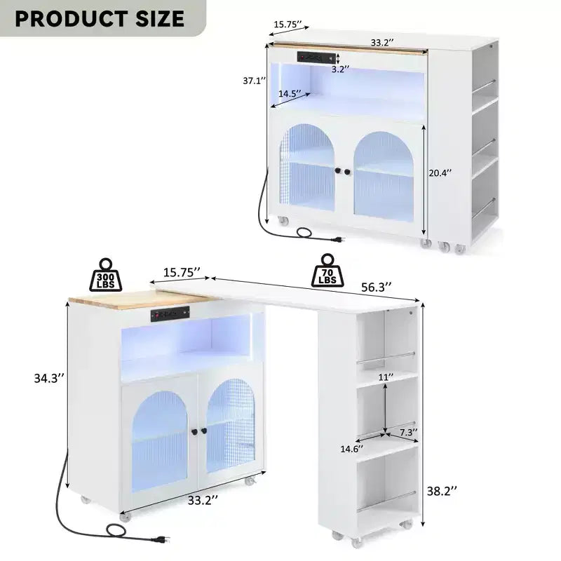 GDFStudio Paolo Isola da cucina moderna con ruote, tavolo e mobile estraibili, luce LED e presa di corrente