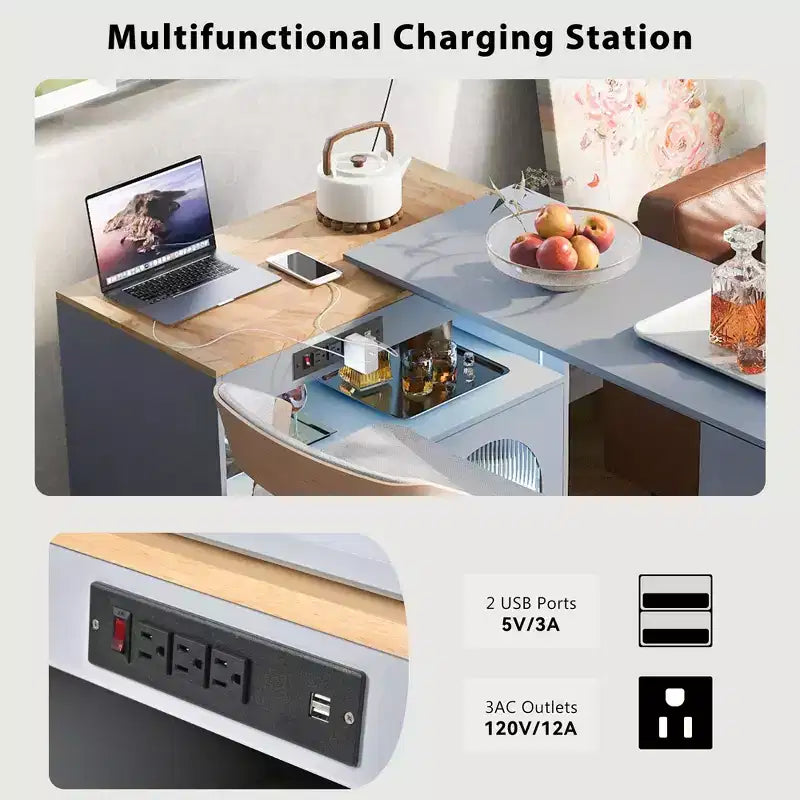 GDFStudio Paolo Isola da cucina moderna con ruote, tavolo e mobile estraibili, luce LED e presa di corrente