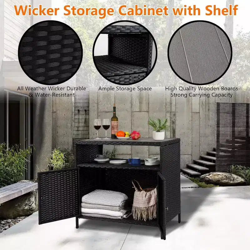 Mobile Contenitore da Esterno in Vimini con Ripiano, Tavolo Bar da Patio a 2 Ante, Rattan PE per Tutte le Staglie e Acciaio Verniciato a Polvere, Organizzatore per Giardino/Piscina