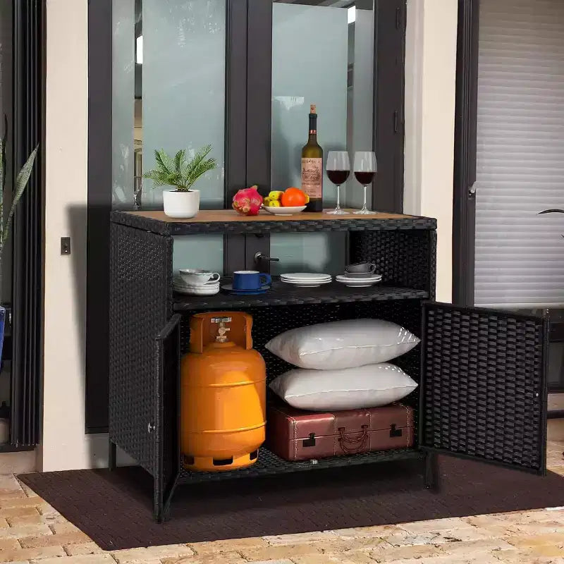 Mobile Contenitore da Esterno in Vimini con Ripiano, Tavolo Bar da Patio a 2 Ante, Rattan PE per Tutte le Staglie e Acciaio Verniciato a Polvere, Organizzatore per Giardino/Piscina
