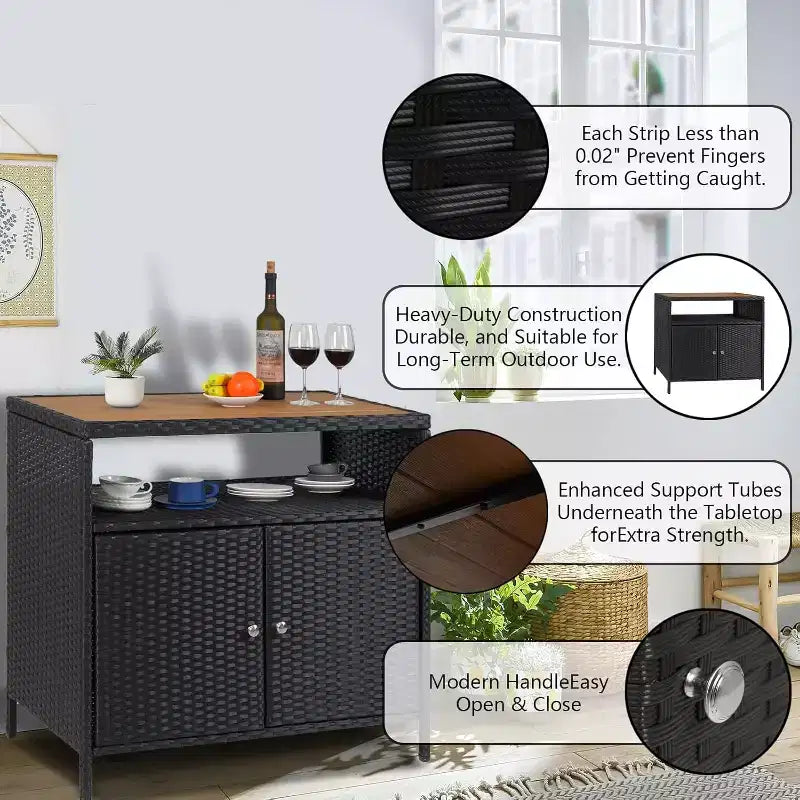 Mobile Contenitore da Esterno in Vimini con Ripiano, Tavolo Bar da Patio a 2 Ante, Rattan PE per Tutte le Staglie e Acciaio Verniciato a Polvere, Organizzatore per Giardino/Piscina