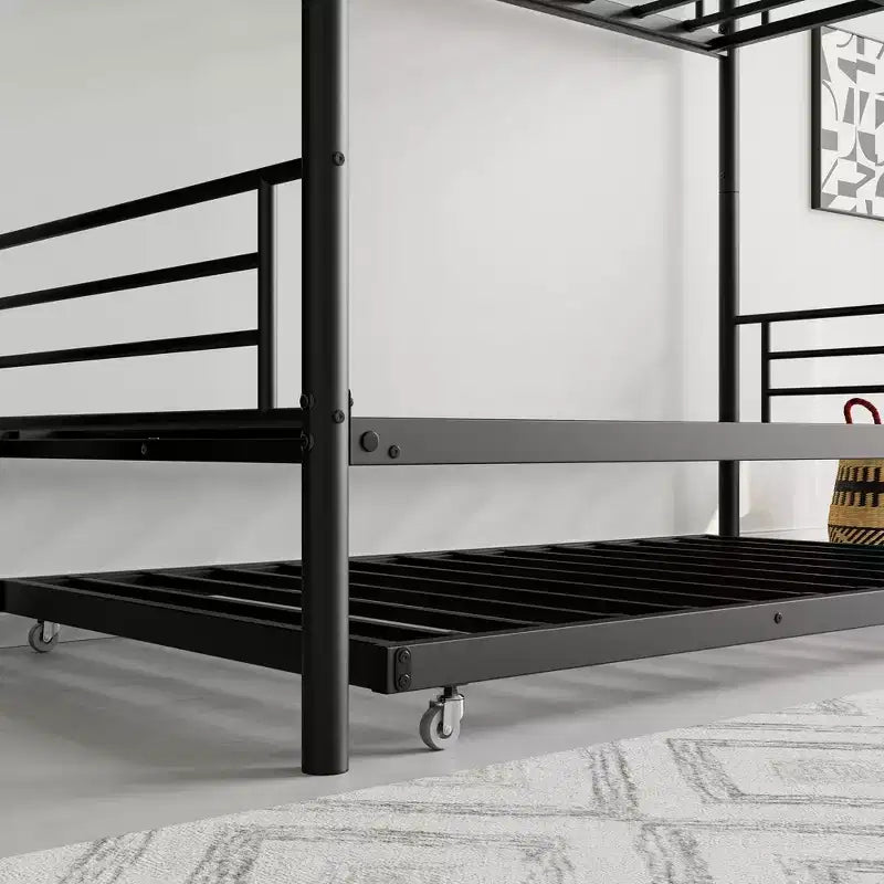 Letto a Castello in Metallo con Struttura e Rotelle Estraibili, con Scaletta e Sponde di Sicurezza, Salvaspazio per Adolescenti, Ospiti, Camere da Letto Piccole