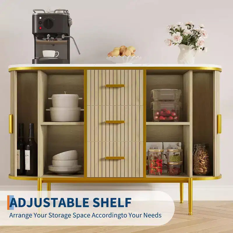 Credenza a Buffet, Mobile Bar da Caffè con Ante Scorrevoli Scanalate e 3 Cassetti, Tavolo Consolle in Legno, Armadio a Pavimento per Cucina
