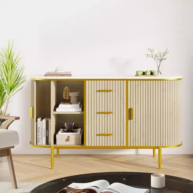 Credenza a Buffet, Mobile Bar da Caffè con Ante Scorrevoli Scanalate e 3 Cassetti, Tavolo Consolle in Legno, Armadio a Pavimento per Cucina