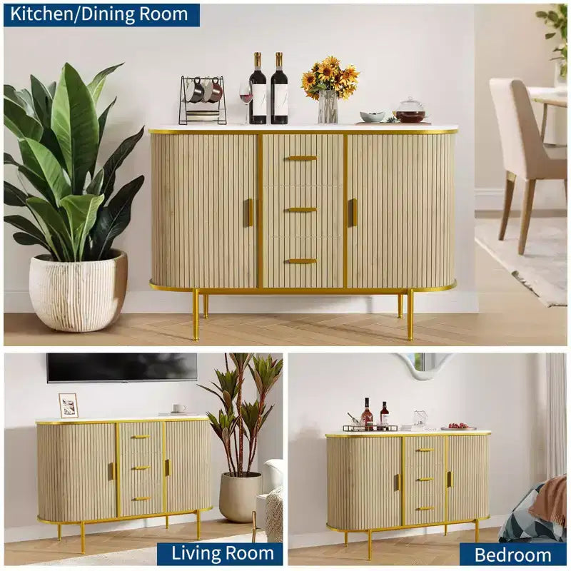 Credenza a Buffet, Mobile Bar da Caffè con Ante Scorrevoli Scanalate e 3 Cassetti, Tavolo Consolle in Legno, Armadio a Pavimento per Cucina