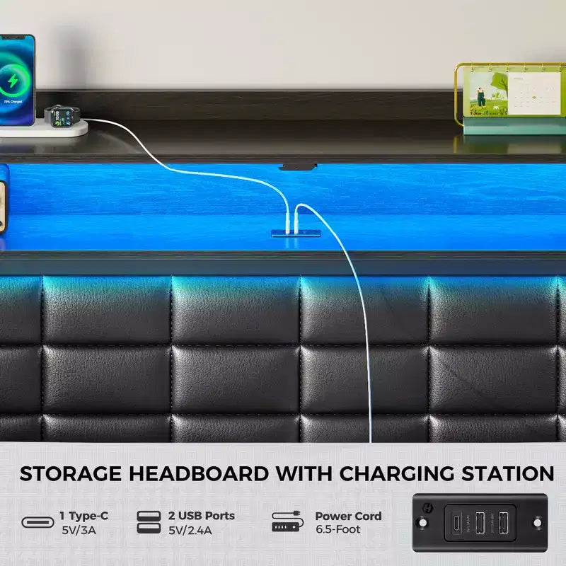 Greenstell Struttura Letto Matrimoniale Imbottita Nera, Strisce LED Dimmerabili, Stazione di Ricarica USB, Testiera con Contenitore e 2 Cassetti, Resistente, Facile da Montare