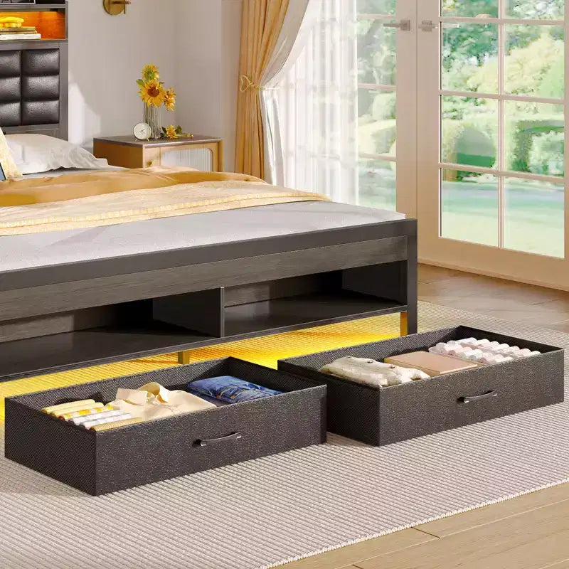 Greenstell Struttura Letto Matrimoniale Imbottita Nera, Strisce LED Dimmerabili, Stazione di Ricarica USB, Testiera con Contenitore e 2 Cassetti, Resistente, Facile da Montare