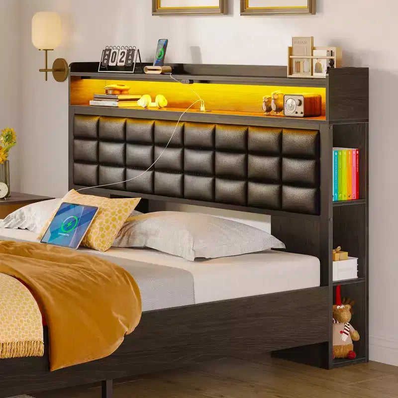 Greenstell Struttura Letto Matrimoniale Imbottita Nera, Strisce LED Dimmerabili, Stazione di Ricarica USB, Testiera con Contenitore e 2 Cassetti, Resistente, Facile da Montare