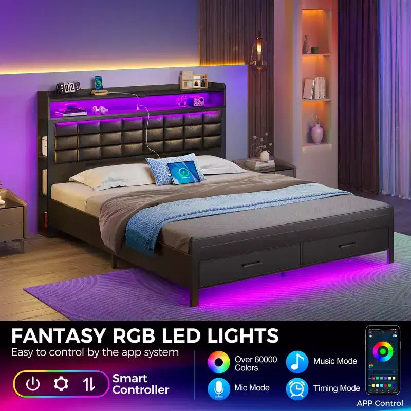 Greenstell Struttura Letto Matrimoniale Imbottita Nera, Strisce LED Dimmerabili, Stazione di Ricarica USB, Testiera con Contenitore e 2 Cassetti, Resistente, Facile da Montare
