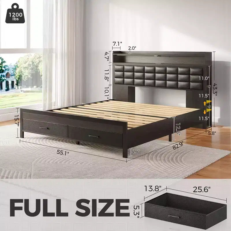Greenstell Struttura Letto Matrimoniale Imbottita Nera, Strisce LED Dimmerabili, Stazione di Ricarica USB, Testiera con Contenitore e 2 Cassetti, Resistente, Facile da Montare