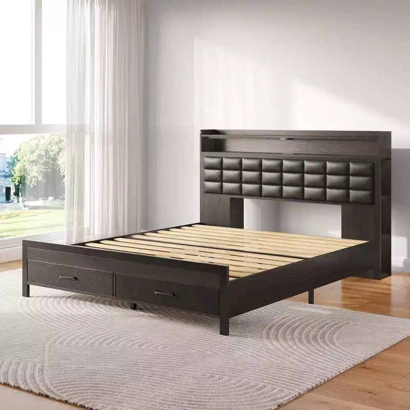 Greenstell Struttura Letto Matrimoniale Imbottita Nera, Strisce LED Dimmerabili, Stazione di Ricarica USB, Testiera con Contenitore e 2 Cassetti, Resistente, Facile da Montare