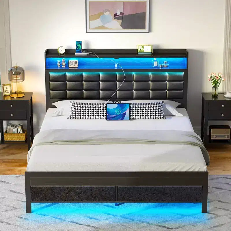 Greenstell Struttura Letto Matrimoniale Imbottita Nera, Strisce LED Dimmerabili, Stazione di Ricarica USB, Testiera con Contenitore e 2 Cassetti, Resistente, Facile da Montare