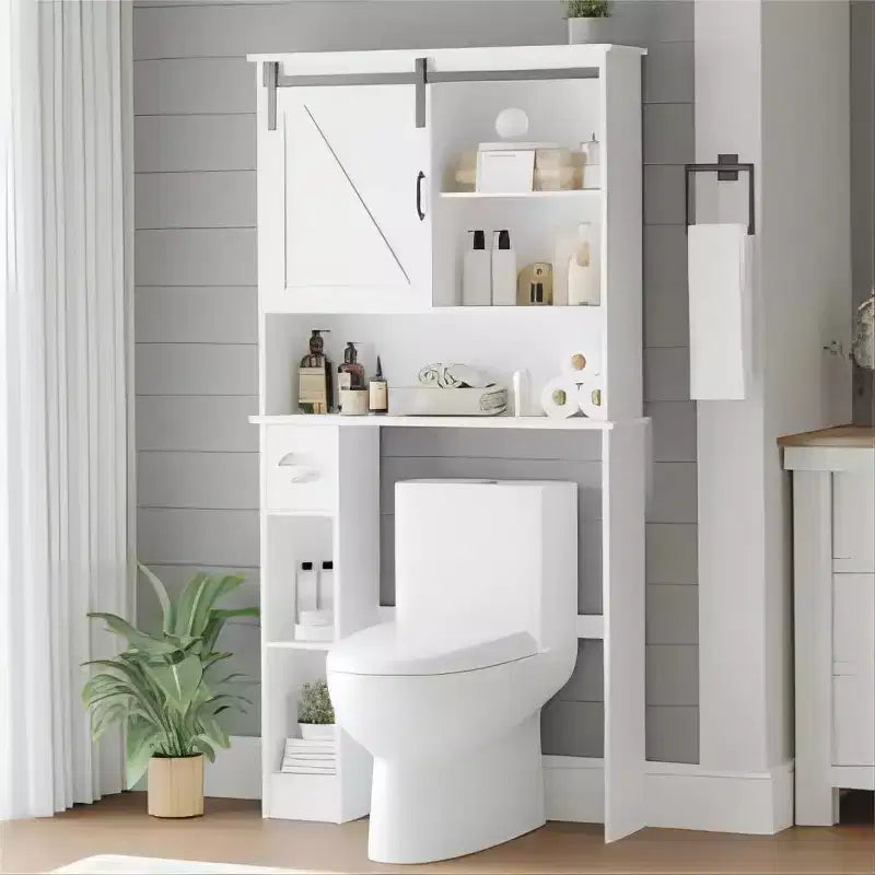 Mobiletto pensile bianco sopra il WC con anta scorrevole a granaio e porta carta igienica, organizer autoportante in MDF per bagno con 2 ante e ripiano
