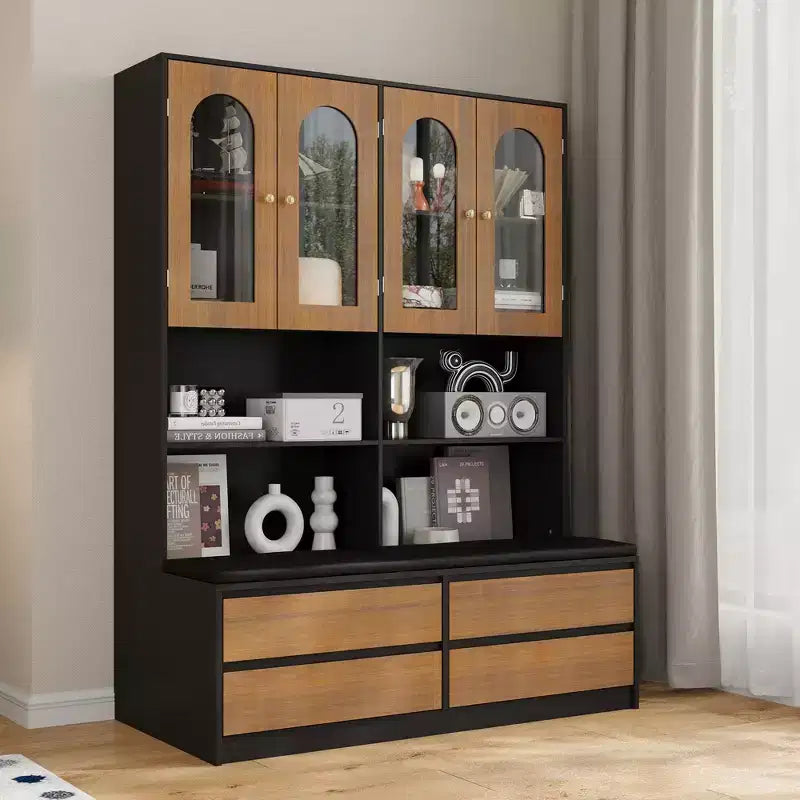 Libreria Hitow con panca imbottita, vetrina con ante in vetro, libreria con cassetti, ante in vetro ad arco, scarpiera da ingresso