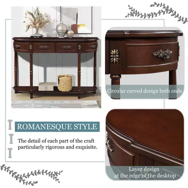 TUYOHW Tavolo Consolle Retrò Curvo con 2 Cassetti, Tavolo da Divano Rustico con Gambe Romane e Ripiano Aperto, Tavolo da Ingresso in Legno per Soggiorno, Corridoio