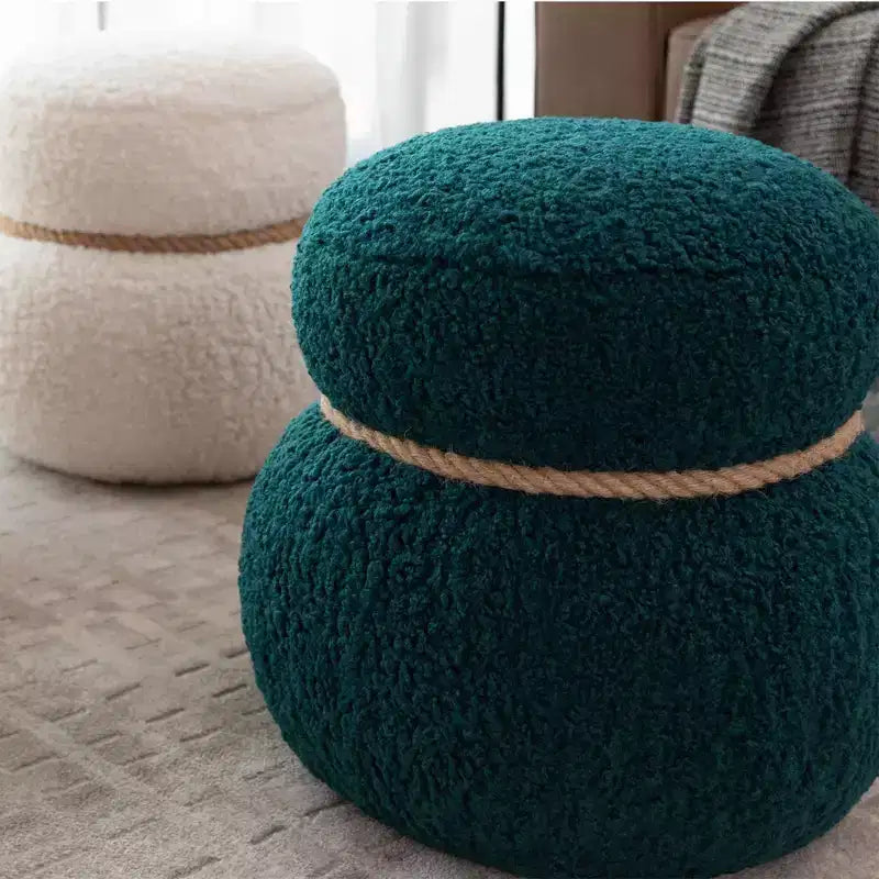 TUYOHW Poggiapiedi Rotondo a Forma di Pupazzo di Neve Imbottito, Carino Sgabello in Lana di Agnello per Toeletta con Struttura in Legno, Panca Porta Scarpe per Soggiorno, Camera da Letto, Ingresso