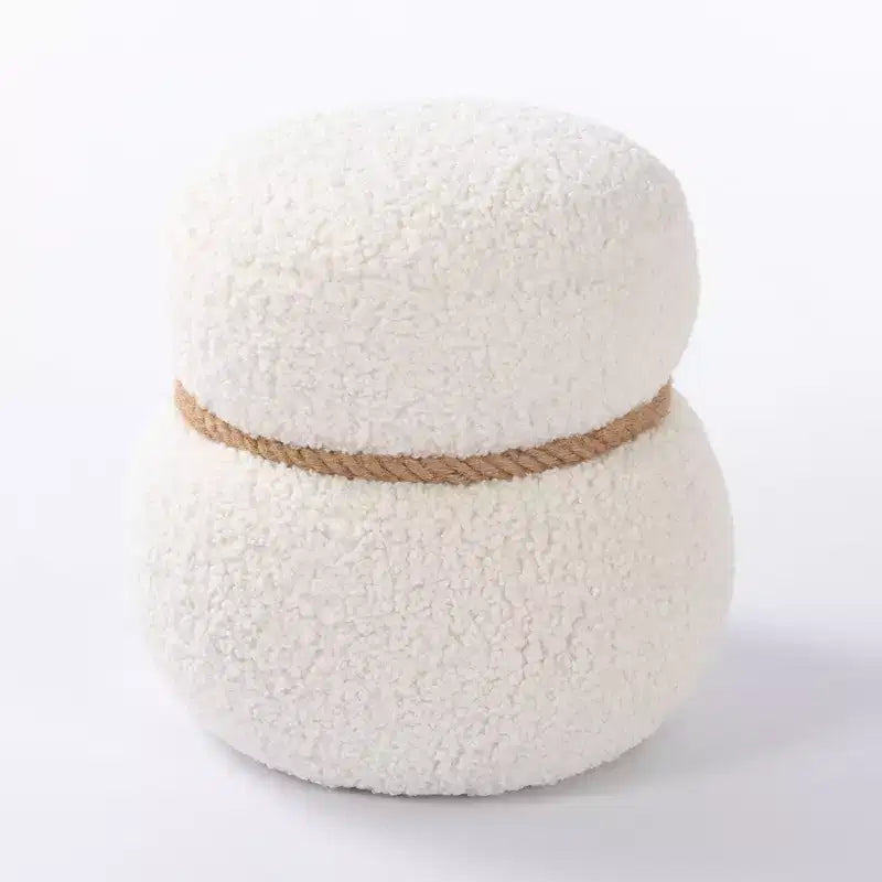 TUYOHW Poggiapiedi Rotondo a Forma di Pupazzo di Neve Imbottito, Carino Sgabello in Lana di Agnello per Toeletta con Struttura in Legno, Panca Porta Scarpe per Soggiorno, Camera da Letto, Ingresso
