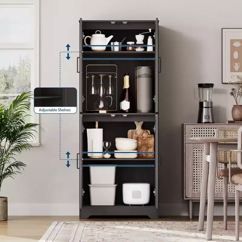 Credenza da cucina rustica, Armadio dispensa in legno alto 180 cm con 4 ante e ripiani regolabili, Mobiletto indipendente per sala da pranzo