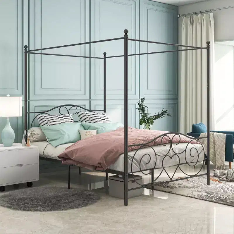 MAYEERTY Letto a baldacchino in metallo Queen Size con testiera e pediera, design silenzioso senza rumore per camera da letto