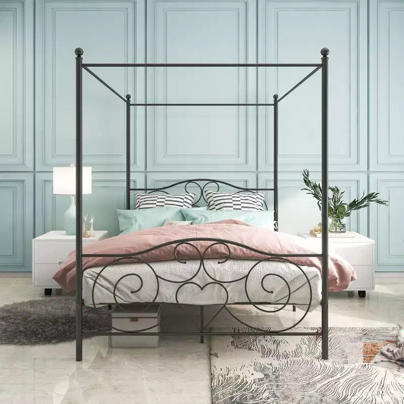 MAYEERTY Letto a baldacchino in metallo Queen Size con testiera e pediera, design silenzioso senza rumore per camera da letto
