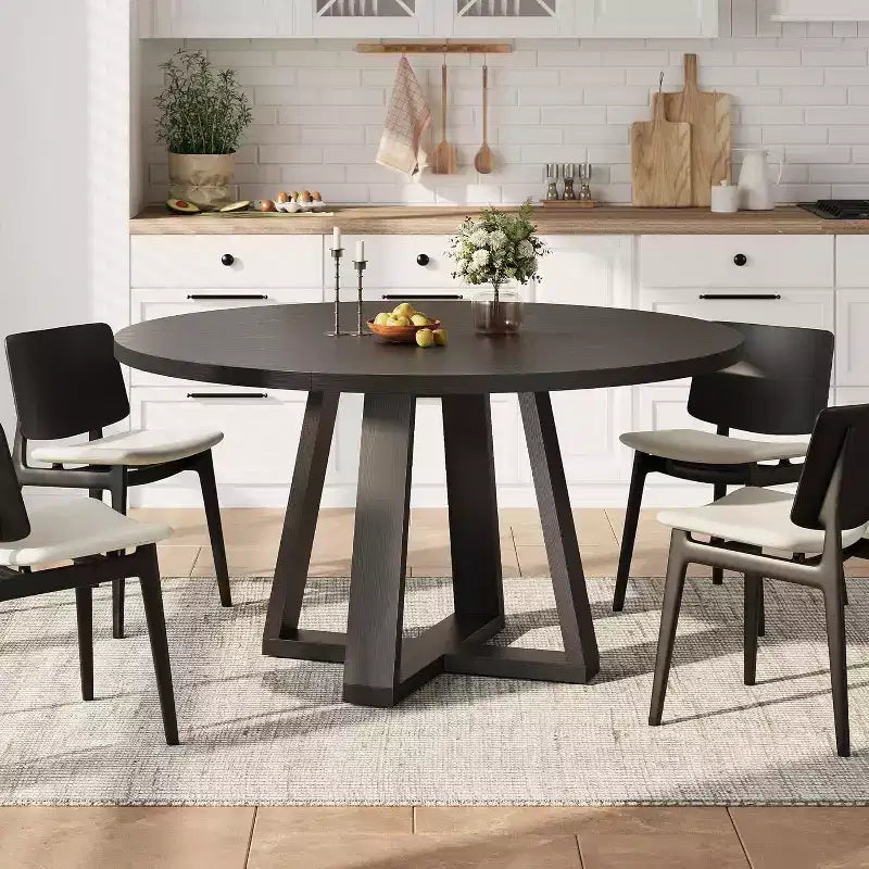 Tavolo da pranzo rotondo Acekool 47, base a croce in legno nero, per cucina, sala da pranzo o salotto, 4-6 posti a sedere