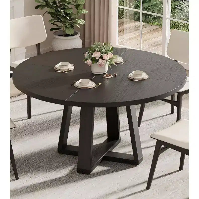 Tavolo da pranzo rotondo Acekool 47, base a croce in legno nero, per cucina, sala da pranzo o salotto, 4-6 posti a sedere