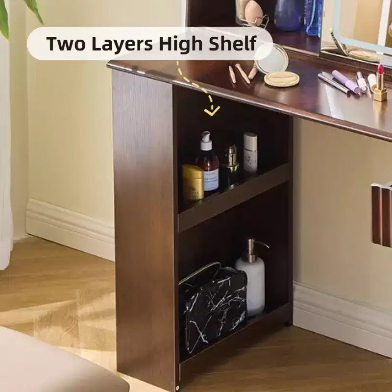 Scrivania da trucco elegante Whisen, moderno set toeletta con sgabello, specchio, ampi scaffali, cassetto e armadietto - Noce