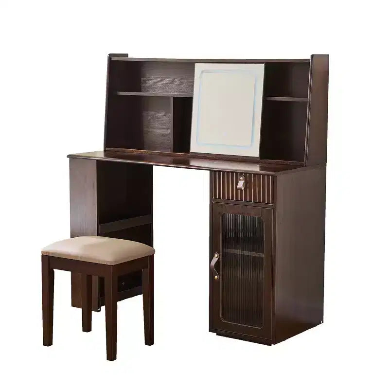 Scrivania da trucco elegante Whisen, moderno set toeletta con sgabello, specchio, ampi scaffali, cassetto e armadietto - Noce