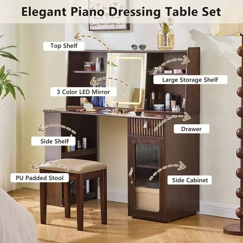Scrivania da trucco elegante Whisen, moderno set toeletta con sgabello, specchio, ampi scaffali, cassetto e armadietto - Noce