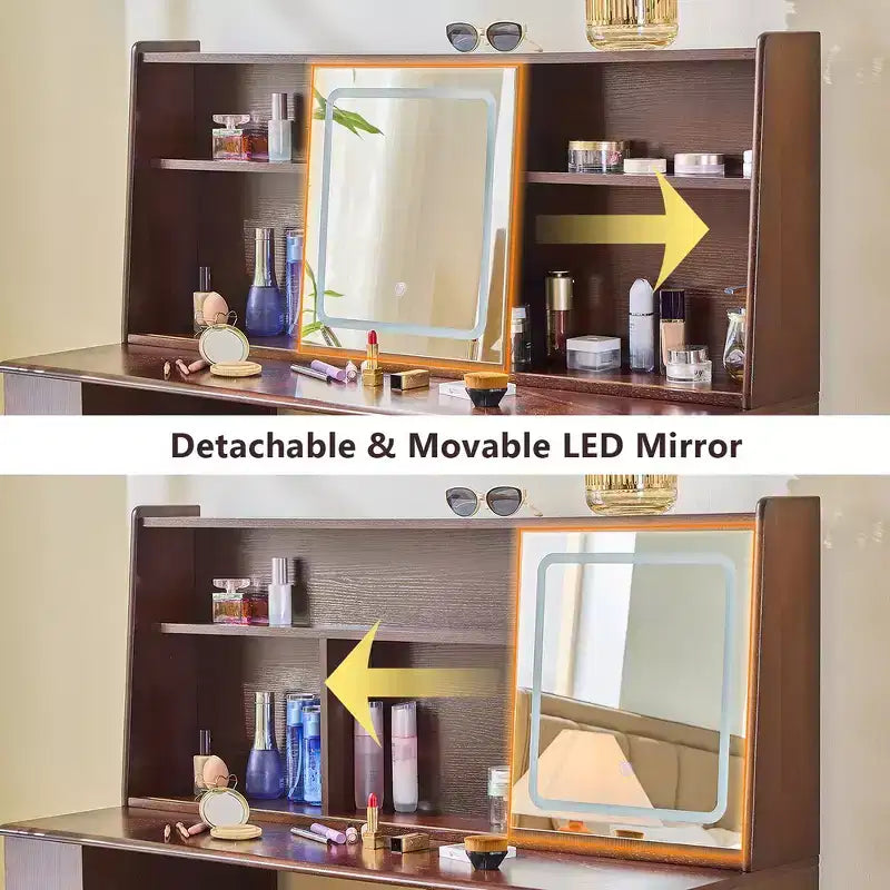 Scrivania da trucco elegante Whisen, moderno set toeletta con sgabello, specchio, ampi scaffali, cassetto e armadietto - Noce