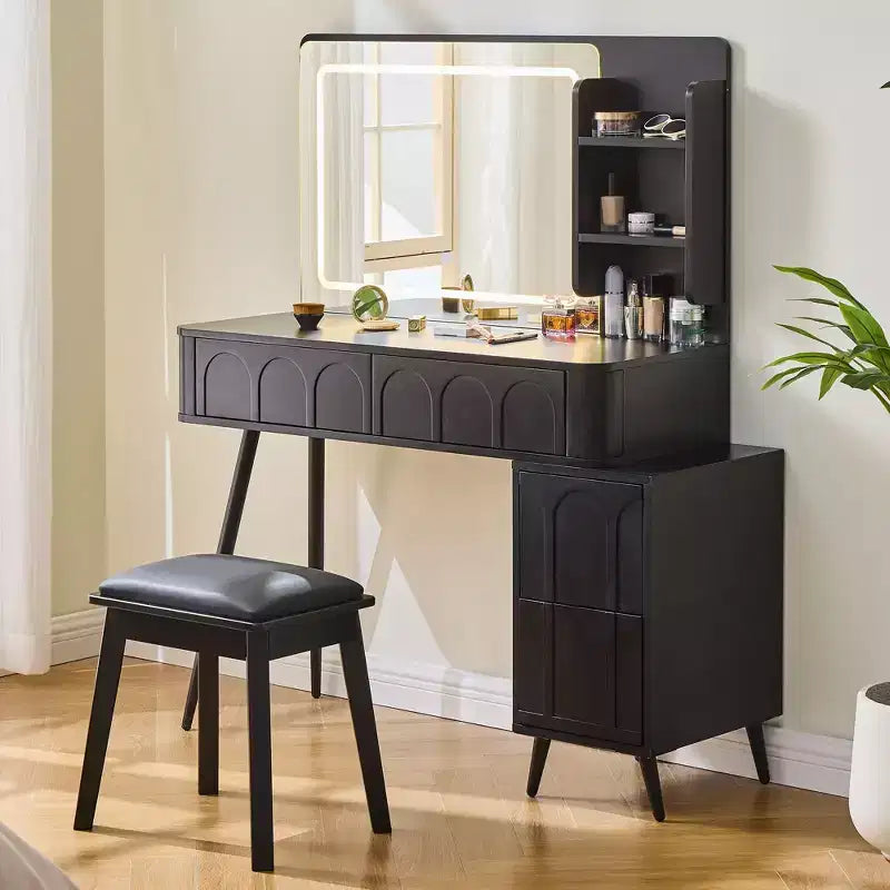 Okak Modern Makeup Vanity with Stool Set, Toeletta a 3 Colori con 4 Cassetti, Scrivania da Trucco Salvaspazio per Soggiorno, Camera da Letto, Nero