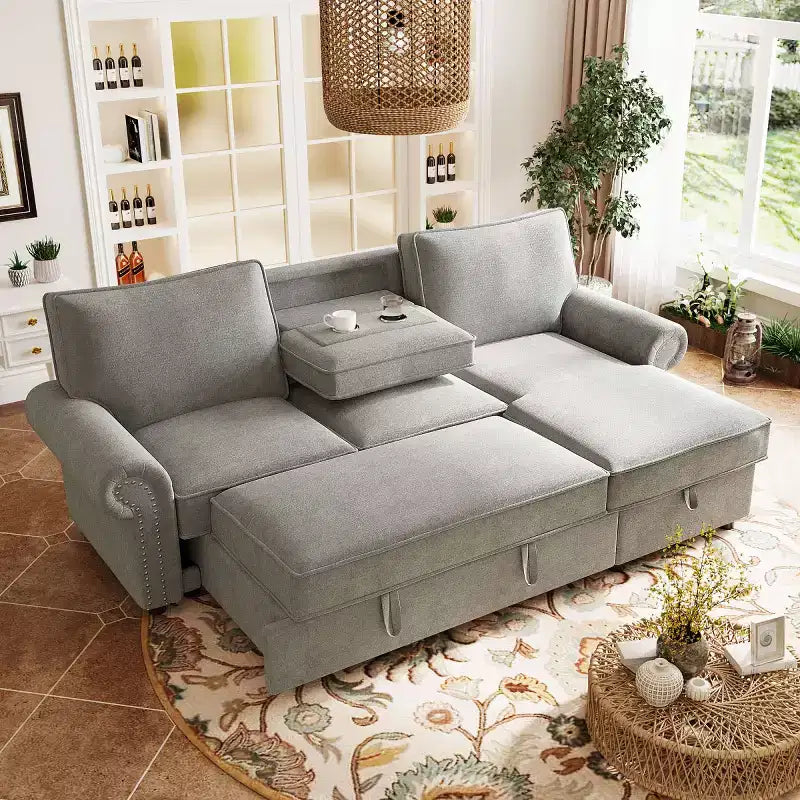 95 Divano componibile moderno in tessuto con chaise longue contenitore e schienale a ribalta, divano letto convertibile per soggiorno o sala famiglia-Panipeachy